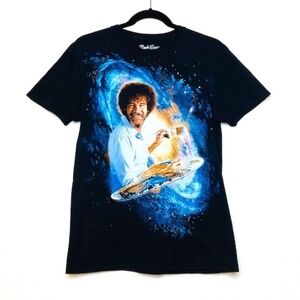 BOB ROSS Men's Black Blue Space Painting Graphic Print T-Shirt Size Small